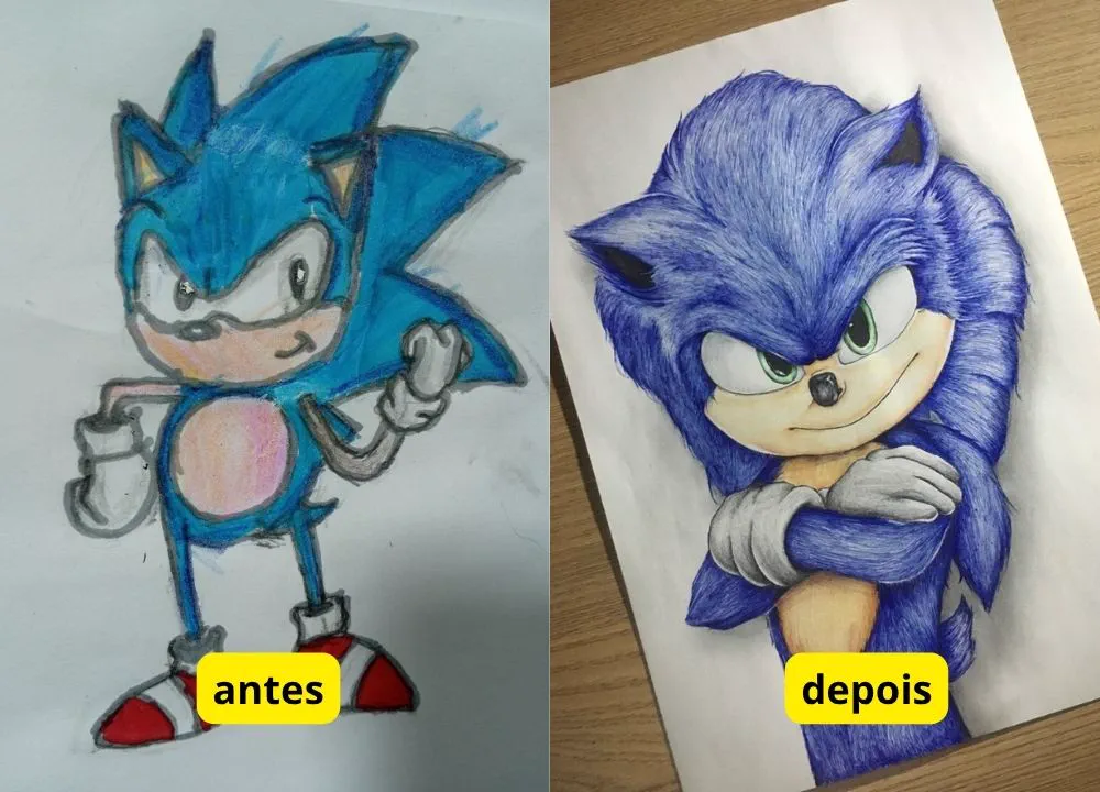 Antes e depois de um aluno: Sonic desenhado de forma simples e, depois, em versão realista colorida