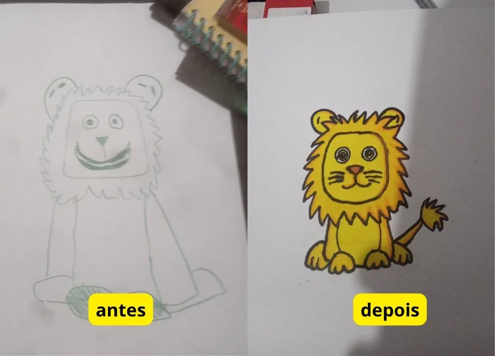 Antes e depois de um aluno: leão em esboço a lápis e, depois, colorido com traço definido