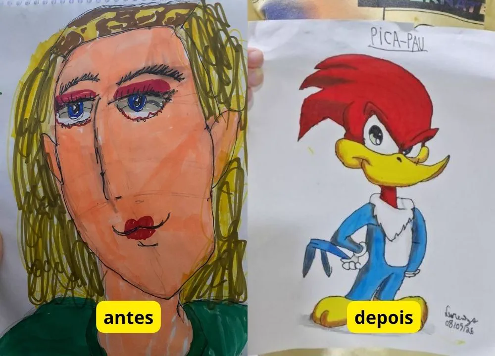 Antes e depois de um aluno: rosto simples e, depois, o Pica-Pau desenhado e colorido com detalhe