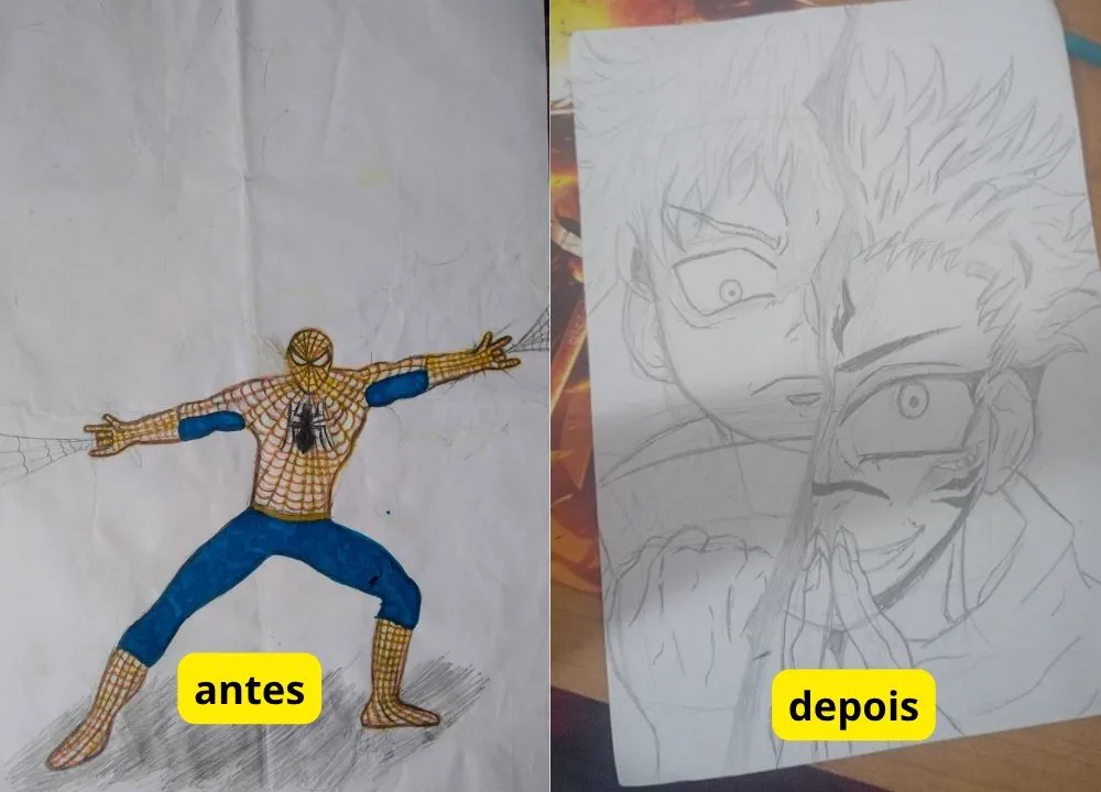 Antes e depois de um aluno: Homem-Aranha simples e, depois, rosto de anime detalhado a lápis