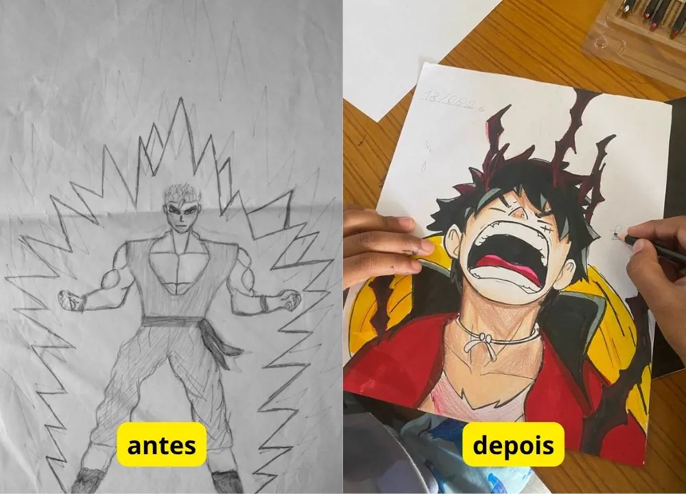 Antes e depois de um aluno: guerreiro a lápis e, depois, personagem de anime colorido com sombreamento