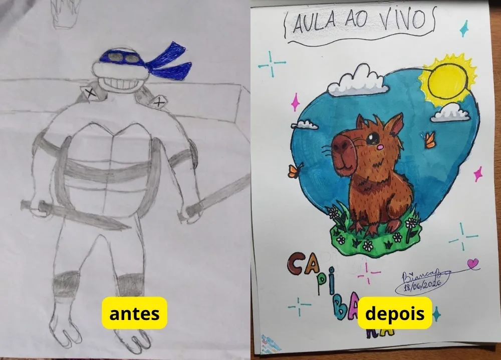 Antes e depois de um aluno: tartaruga ninja a lápis e, depois, capivara colorida feita em aula ao vivo