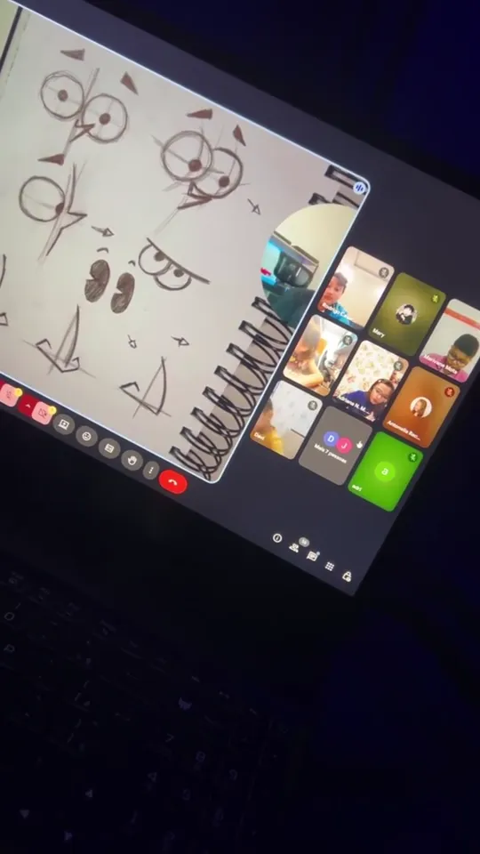 Página de estudo de olhos e expressões desenhada por aluno na aula ao vivo